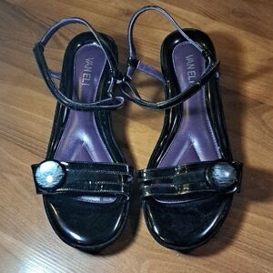 Vaneli Black Patent Leather Ankle-Strap Sandals with Purple Insole